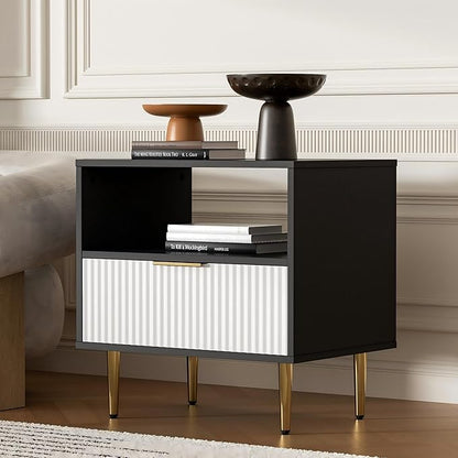 Nightstand Set of 2, Modern Nightstand with Drawer, End Table with Storage, Bed Side Table with Open Space, Night Stande for Bedroom, Side Table for Bedroom, Living Room, Black & White