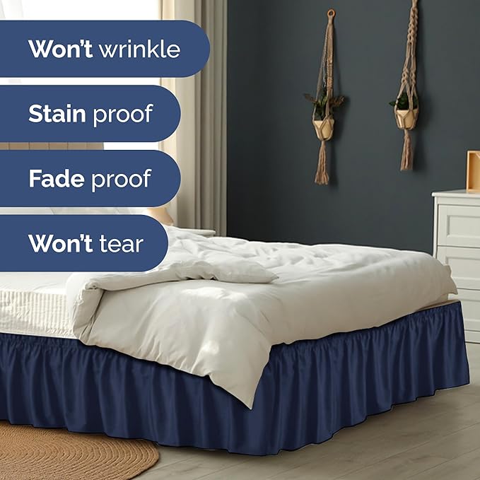 Wrap Around Dust Ruffle Bed Skirt - Navy Blue - for Queen Size Beds with 21 Inch Drop - Elastic Strap - Adjustable Pleated Bedskirt with Brushed Fabric and Wrinkle Free - for Women, Men, Kids & Teens
