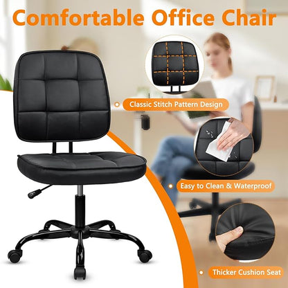 CLATINA Armless Home Office Chair with Lumbar Support and Wheels, Small PU Leather Ergonomic Low Back Desk Chairs No Arms, Adjustable Height 360° Swivel Rolling Computer Task Chair, Black, 8 Pack
