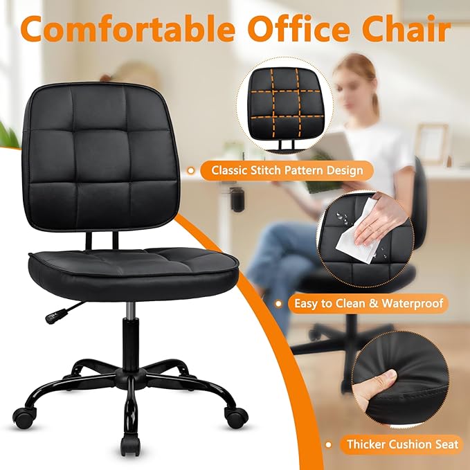 CLATINA Armless Home Office Chair with Lumbar Support and Wheels, Small PU Leather Ergonomic Low Back Desk Chairs No Arms, Adjustable Height 360° Swivel Rolling Computer Task Chair, Black, 6 Pack