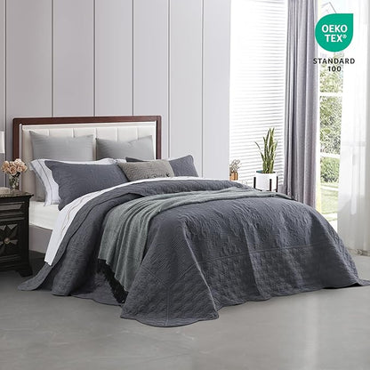 CHIXIN Bedspread Coverlet Quilt Set Full Size - Lightweight Bedding Cover - Ultrasonic Quilting - 5 Piece Reversible Bedspread - Elegant Damask Paisley Pattern (Full, Dark Grey)