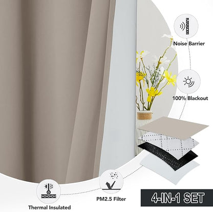 RYB HOME 4-in-1 Dust Filtering Soundproof Blackout Insulating Privacy Window Curtains for Nursery Bedroom Living Room Rivider Sound Absorption Sheet, Sand, W52 x L95 inch, 2 Panels