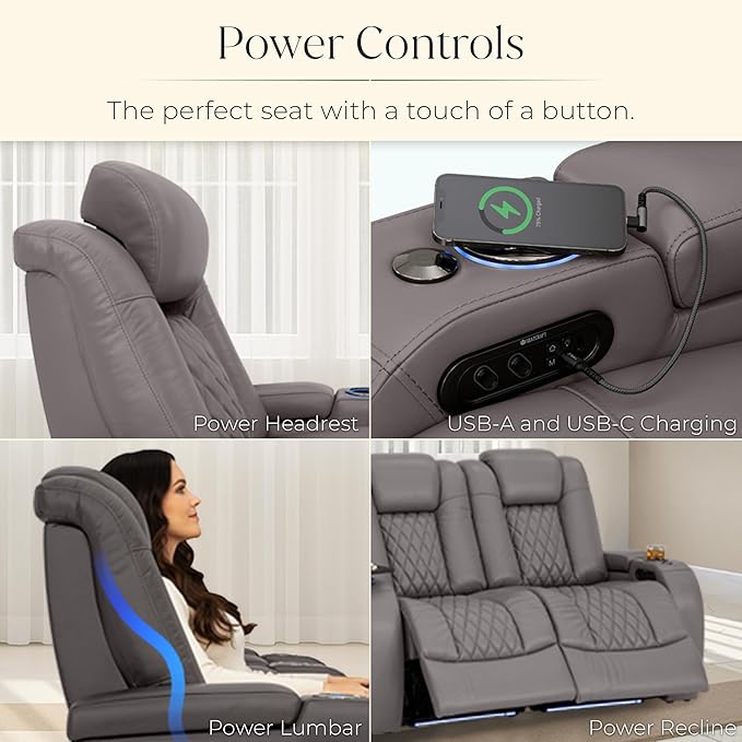 Seatcraft Diamante Zero-Gravity CoolZero Italian Leather Home Theater Seating, Power Headrest, Power Recline, Row of 3 Right Loveseat, Gray