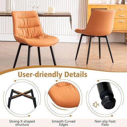 Kidol & Shellder Dining Chairs Set of 2, Modern Upholstered Faux Leather Kitchen Side Chairs with Comfortable Back - Mid-Century Armless Chair for Dining living Room Bedrooms, with Metal Legs (Orange)