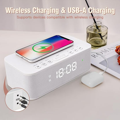 Dual Alarm Clock Radio Bedroom, Digital Alarm Clocks Bedrooms Bluetooth, Up to 10 Bedroom Alarms Clock White Noise 23 Soothing Sounds App/Button Control Snooze 12/24H FM Speaker Charging, White