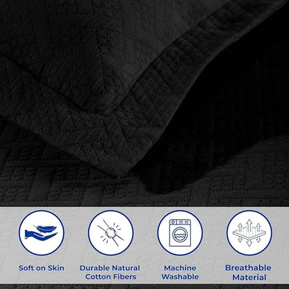 Superior 100% Cotton Basket Weave Bedspread with Shams, All-Season Premium Cotton Matelasse Jacquard Bedding, Quilted-Look Geometric Basket, King, Black