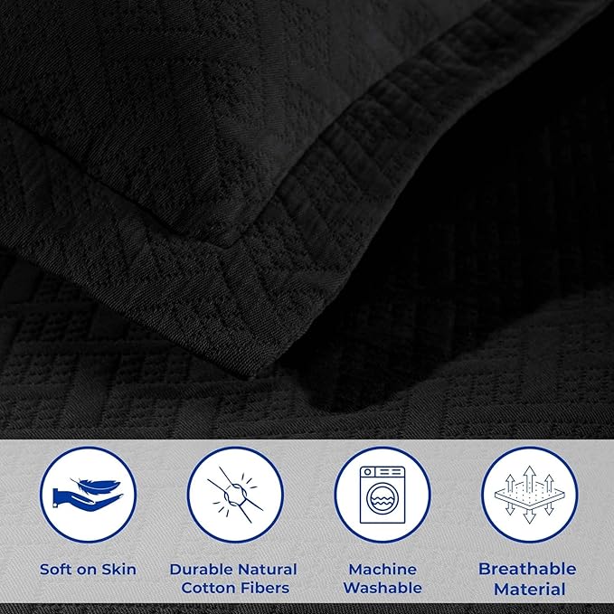 Superior 100% Cotton Basket Weave Bedspread with Shams, All-Season Premium Cotton Matelasse Jacquard Bedding, Quilted-Look Geometric Basket, Full, Black