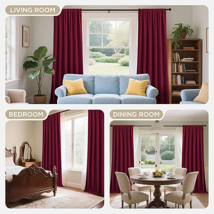 Joydeco Red 100% Blackout Curtains 120 Inch 2 Panels, Luxury Thermal Red Velvet Curtains for Bedroom Living Room, Soundproof Blackout Window Drapes, Rod Pocket & Back Tab (52W x 120L)