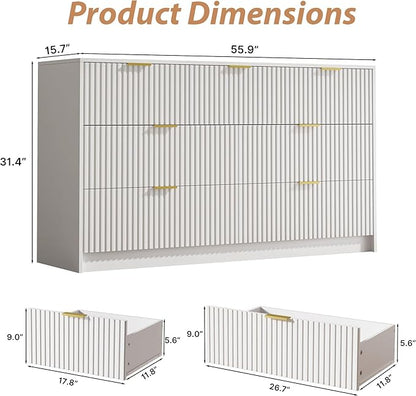 White 7 Drawer Dresser for Bedroom, 55.9" Wide Modern Fluted Dresser with Gold Metal Handles, Wide Chest of Drawers for Bedroom, Living Room, Entryway, Hallway