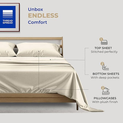 THREAD SPREAD Split King Sheets Sets for Adjustable Bed - 400 Thread Count 5 PC Sateen Split Sheet Set, Cooling Cotton Sheets, 2 Twin-XL Fitted Sheets, 16" Deep Pocket Split King Sheet (Ivory)
