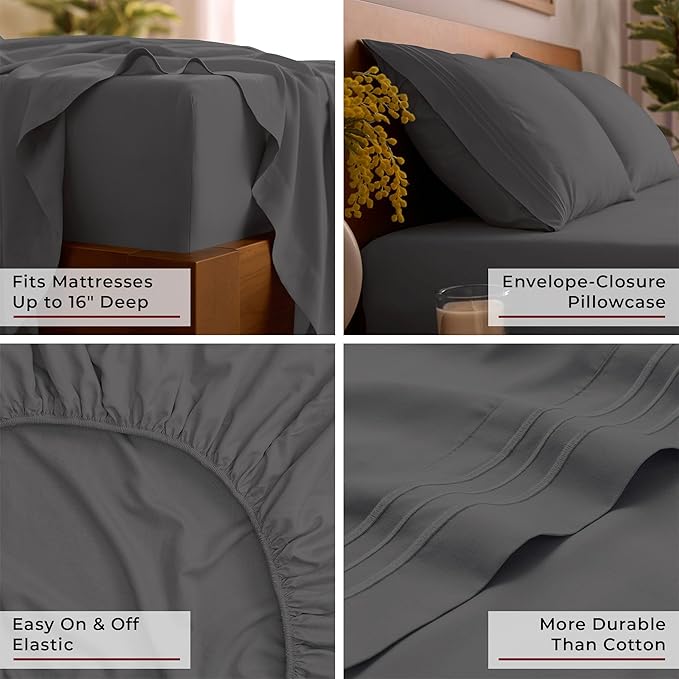 Mellanni Split King Sheet Set - 7-Piece Iconic Collection Bedding, (Including 4 Pillowcases), 16-Inch Deep Pocket, Easy Care, Extra Soft, Cooling Sheets, Brushed Microfiber - Gray