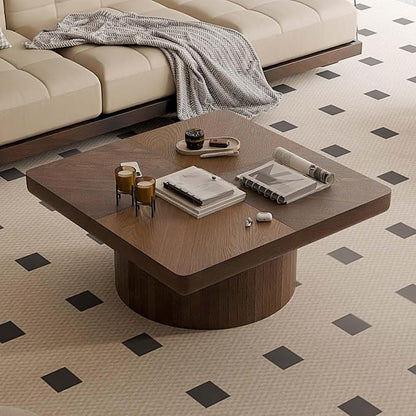 Modern Square Coffee Table with Cylindrical Base, Wood Coffee Table with Parquet Pattern & Thickened Tabletop, Center Table Tea Table for Living Room Apartment, 34.6''L×34.6''W×14.9''H, Walnut