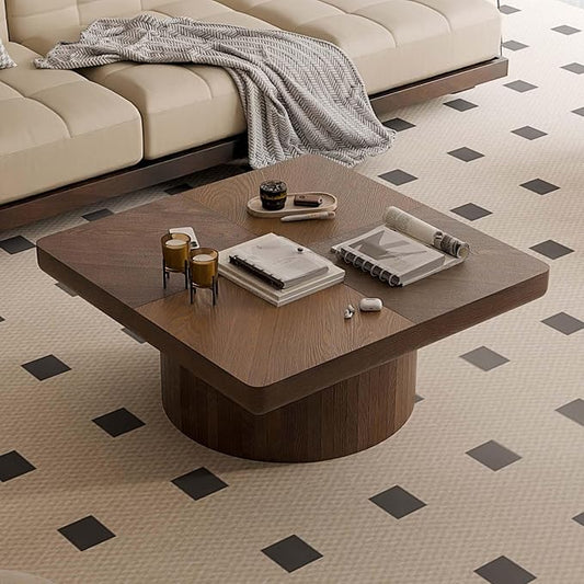 Modern Square Coffee Table with Cylindrical Base, Wood Coffee Table with Parquet Pattern & Thickened Tabletop, Center Table Tea Table for Living Room Apartment, 34.6''L×34.6''W×14.9''H, Walnut