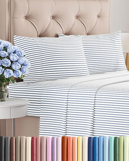 Twin 4 Piece Sheet Set - Cooling, Comfy & Breathable - Hotel Luxury Bedding, Includes Fitted Sheet for Women, Men, Kids & Teens - 1 Flat, 1 Fitted Sheet, 2 Pillowcases w/Deep Pockets - Blue Stripes
