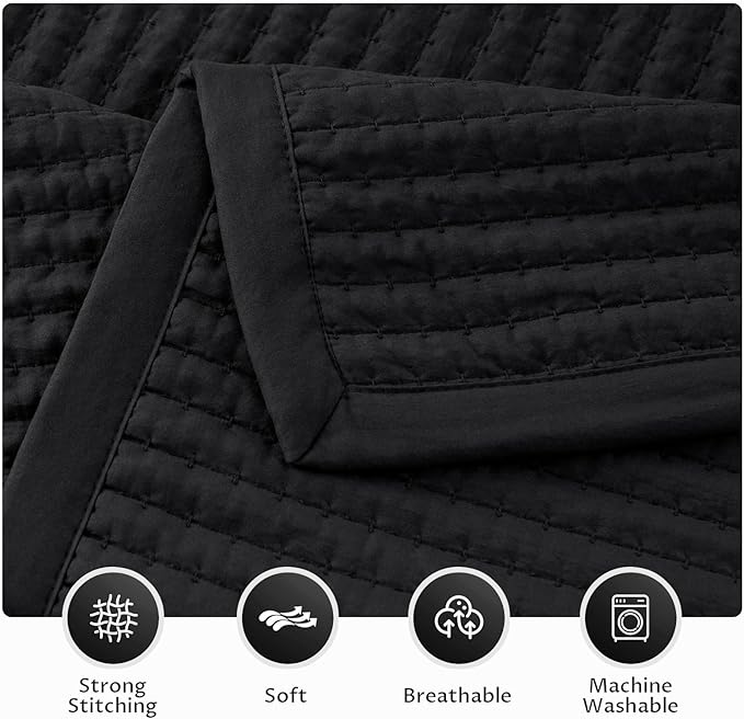 Oversized King Quilt Set 112"x106" – Soft Washed 3-Layer Lightweight California King Bedspread, Minimalist Nordic Design, All-Season Spring & Summer Quilt Set (1 Quilt + 2 Pillow Shams), Jet Black