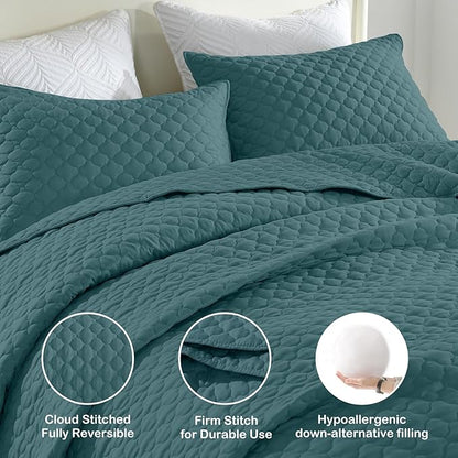 HORIMOTE HOME Quilt Twin Size Teal Blue, Lightweight Quilt for Summer Ultra-Soft Microfiber Modern Style Quilted Clouds Pattern Bedspread Quit Set 2 Pieces (1 Quilt and 1 Pillow Sham)