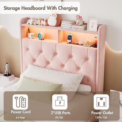 Twin LED Bed Frame with Storage Headboard & Charging Station, Velvet Fabric Platform Bed Frames with 3 Drawers, Button Tufted Upholstered, No Box Spring Needed, Pink