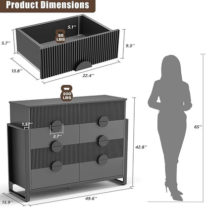 LGHM Fluted Dresser for Bedroom with 8 Drawers, Modern 8 Drawers Dressers with Semi-Cylindrical, Chest of Drawers Closet Organizers and Storage Clothes, 43" Tall Dresser with Bold Steel Frame, Black