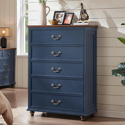 24" Wide Farmhouse Nightstand with Charging Station Set of 2,54" 7 Drawers Dresser, 45" Tall Rustic Chests of 5 Drawers, Farmhouse Furniture Series for Bedroom,DarkBlue