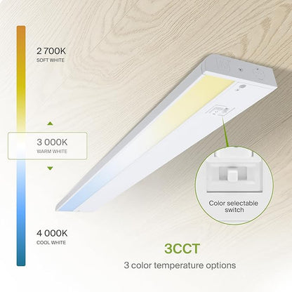 ASD 18 Inch LED Under Cabinet Lighting Plug in or Hardwired, High/Low/Off Switch, 8W 120V 3 CCT 2700K/3000K/4000K CRI90+, Triac Dimmable Linkable Under Counter Lights for Kitchen, ETL Listed, White
