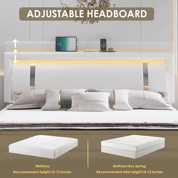 Keyluv Queen Bed Frame with RGB LED Lights Headboard & 2 Storage Drawers, Modern Upholstered Faux Leather Smart Platform Iron Metal Decor, USB USB-C Charging Ports, No Box Spring Needed, White