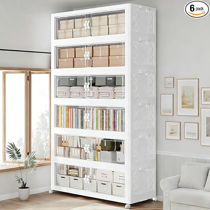 720QT Extra Large Stackable Storage Bins with Lid, 180Gal Collapsible Storage Box with Wheels and Doors, Plastic Closet Organizer and Storage Cabinet for Home Kitchen Office Dorm, 5Pack White