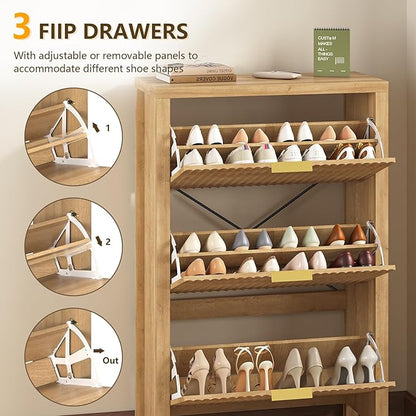 Shoe Cabinet Storage for Entryway, Fluted Shoe Cabinet with 3 Flip Drawers, Hidden Shoe Rack Tall Freestanding Shoe Organizer with Legs for Hallway, Oak