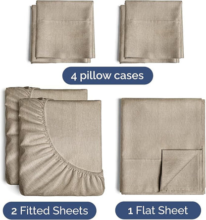 Split King 7 Piece Sheet Set - Cooling & Breathable - Hotel Luxury Bedding Includes Fitted Sheets for Women, Men, Kids, Teens - 1 Flat, 2 Fitted Sheets, 4 Pillowcases w/Deep Pockets - Heathered Beige