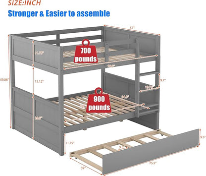 TSAMPA Latest Upgraded & Stronger Heavy Duty Solid Wood Full Over Full Bunk Bed with Trundle, Thickened Safer Convertible Bunk Bed Frame Full Over Full Size Bunk Bed (Easier to Assemble) (Gray), Grey