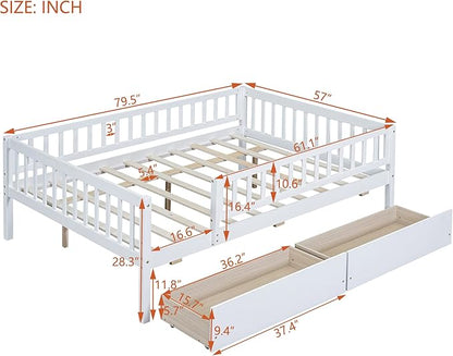 Bellemave Full Size Bed Frames with Rails for Kids, Full daybed Frame with Drawers for Boys/Girls/Adults， White