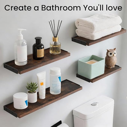 BAYKA Wall Shelves for Bedroom Decor, Floating Shelves for Wall Living Room Kitchen Storage, Mounted Rustic Wood Floating Shelves for Kids Books, Corner Shelf for Bathroom(Rustic Brown，Set of 4)