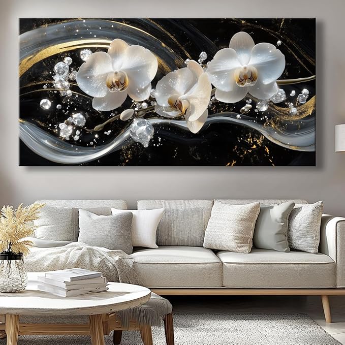 White Orchid Canvas Wall Art - Modern Floral Picture for Living Room, Bedroom Wall Decor, Framed Wall Art for Home Decoration, Elegant Flower Paintings Ready to Hang, Large Wall Art 50x100cm(20x40in)