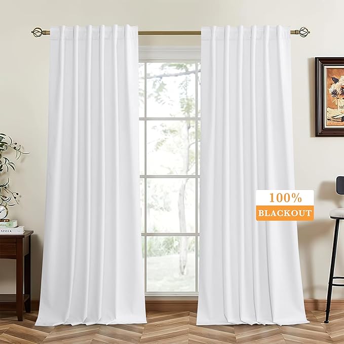 RYB HOME 100% Blackout White Velvet Curtains for Bedroom, Back Tab and Rod Pocket Thermal Insulated Room Darkening Curtains for Living Room Nursery, White, 52W x 108L, 2 Panels