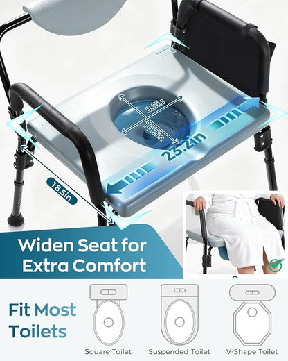 Bariatric Bedside Commode Chair - Heavy Duty 1000 Lbs Capacity - Extra-Wide Seat & Adjustable Height - 3 in 1 Steel Frame Over-The-Toilet Commode for Obese, Elderly & Disabled