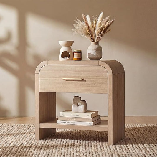 Night Stand [Unique Curved Profile] [FSC-Certified Wooden Board] 1-Drawer and 1 Storage Shelf Nightstand 24" H Metal Handle Modern Bedside Table Side Table End Table