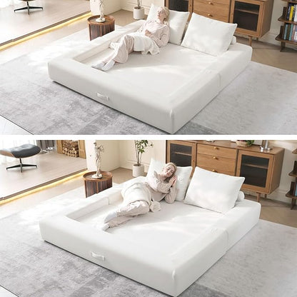 79'' Convertible Sleeper Sofa Bed, 3-in-1 Foldable Floor Couch with Corduroy Upholstery, No Assembly Loveseat, Light Brown Lounge Mattress for Living Room, Studio, Guest Room (White)
