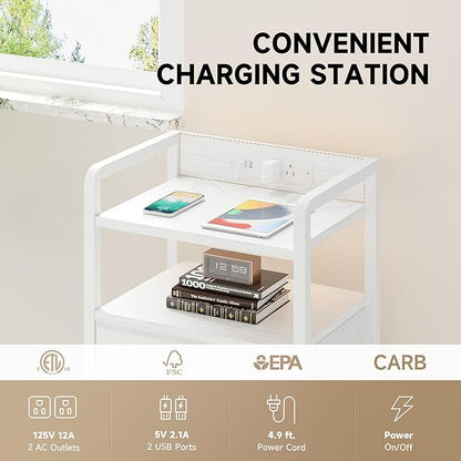 Night Stand Bedside Table Bedroom - White Nightstand with Charging Station & LED Light Strip, Morden Bed Side End Table with Storage Shelf & 2 Fabric Drawers, U-S-B Ports & AC Outlets