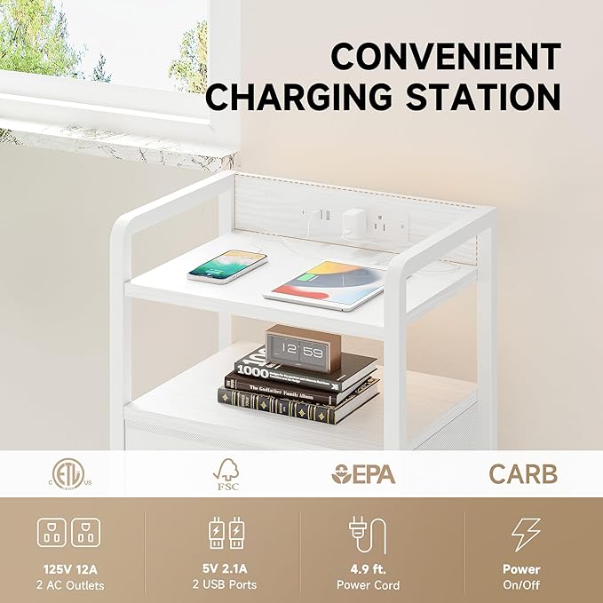 Night Stand Bedside Charger Bedroom - Nightstand with Charging Station, 2 U-S-B Ports & 2 AC Outlets, Tall Bed Side Table with LED Light Strip, Storage Shelf & 4 Fabric Drawers, White
