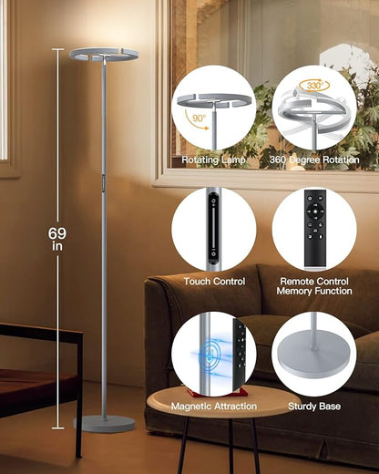 Silver Floor Lamps for Living Room, Stepless Dimmable Standing Lamp with Touch Remote Control, 22W Rotatable LED Floor Light Tall Uplighter for Bedroom Office, 69'' Modern Room Light