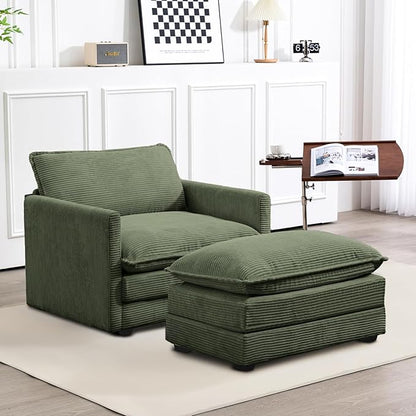 ROWHY Single Armchair with Ottoman, Modern Corduroy Cloud Couch with Convertible Chaise, Upholstered Sofa Set for Living Room, Green