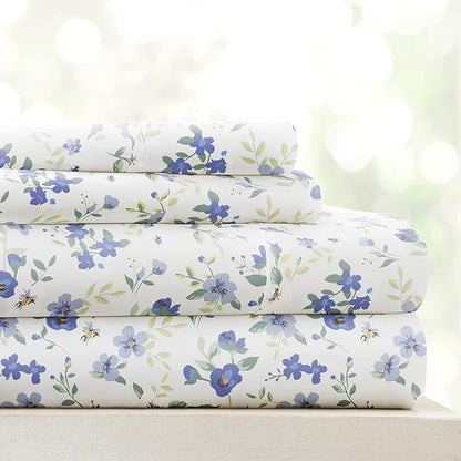 Linen Market Double-Brushed Patterned Microfiber California King Sheet Set 4 Piece – OEKO-TEX Certified Ultra Soft & Wrinkle-Free - 16" Deep Pocket Sheets Easy Care Cal-King Size - Blossoms Light Blue