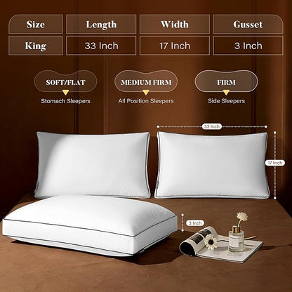 Goose Feather Down Pillow King Size Set of 2, Down Surrounded Hotel Collection Bed Pillows for Sleeping with 3 Inch Gusset, 2 Pack, Fluffy Plush for Side, Back Sleepers 20x36 in.