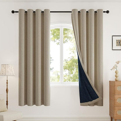 Blackout Curtains for Bedroom, Thermal Insulated Curtains 63 Inch Length Curtain 2 Panels, Soft Farmhouse Linen-Look Textured Full Light Blocking Room Darkening Drapes, W52xL63, Natural