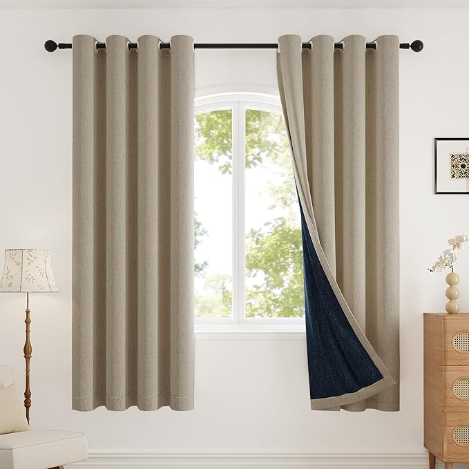 Blackout Curtains 72 inch Length 2 Panels Set for Dining Room Master Room, Thick Soft Linen-Look Textured Full Light Blocking Room Darkening Thermal Insulated Drapes (W52xL72, Natural)