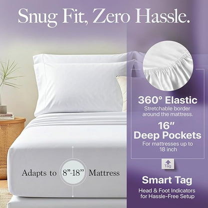 Carressa Linen 100% Egyptian Cotton Full Size Sheets - 600 Thread Count Full Size Egyptian Cotton Sheets (4 PC, Crisp White), Soft, Cooling, 16" Deep Pocket Sateen Weave Luxury Hotel Bed Sheet Set