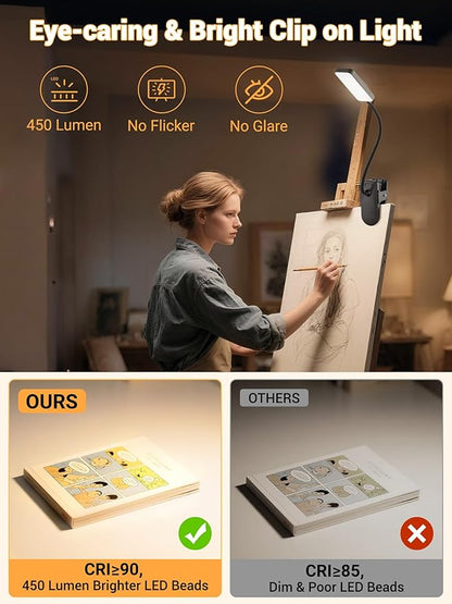 Clip on Light,9 Brightness+5 Color Rechargeable Desk Lamp,4000mAh Battery Operated Lights,450 Lumen 48 LED Desk Lamp with Clamp Light,Cordless Reading Lamps for Bed/Headboard/Bedside Table