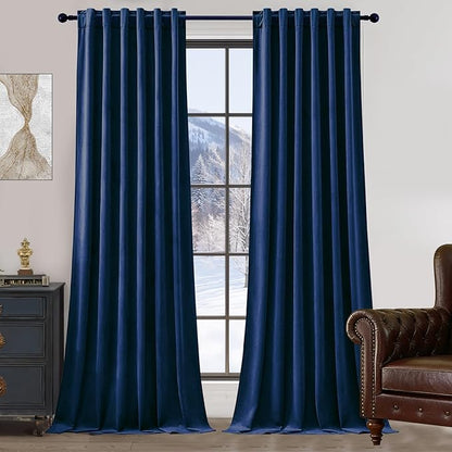 Navy Blue Velvet Blackout Curtains Extra Long Super Soft Room Darkening Drapes Elegant Thermal Insulated Sound Reducing Curtain for Bedroom Living Room, Back Tab Rod Pocket, W52 x L108, 2 Panels