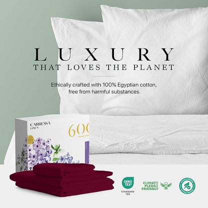 Carressa Linen 100% Egyptian Cotton Twin Sheets Set - 600 Thread Count Egyptian Cotton Luxury Twin Sheets (3 PC, Classic Burgundy), 16" Deep Pocket, Soft, Cooling, Sateen Weave Dorm Room Bedding