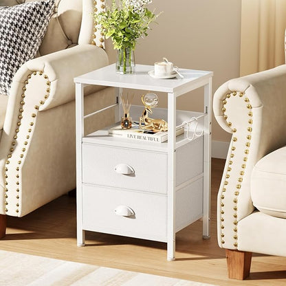 Furologee Nightstands Set of 2, End Table with 2 Fabric Drawers, Night Stand with 2 Hooks, Open Wood Shelf Bedside Table for Bedroom/Living Room/White