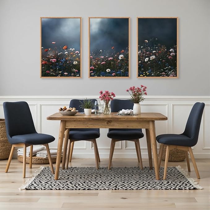 LHIUEM Large Nature Moody Floral Framed Canvas Wall Art,Abstract Dark Wall Decor,Wildflower Botanical Landscape Wall Painting,Picture Artwork for Living Room,Bedroom,Dining Room,Office -16"x24"x3